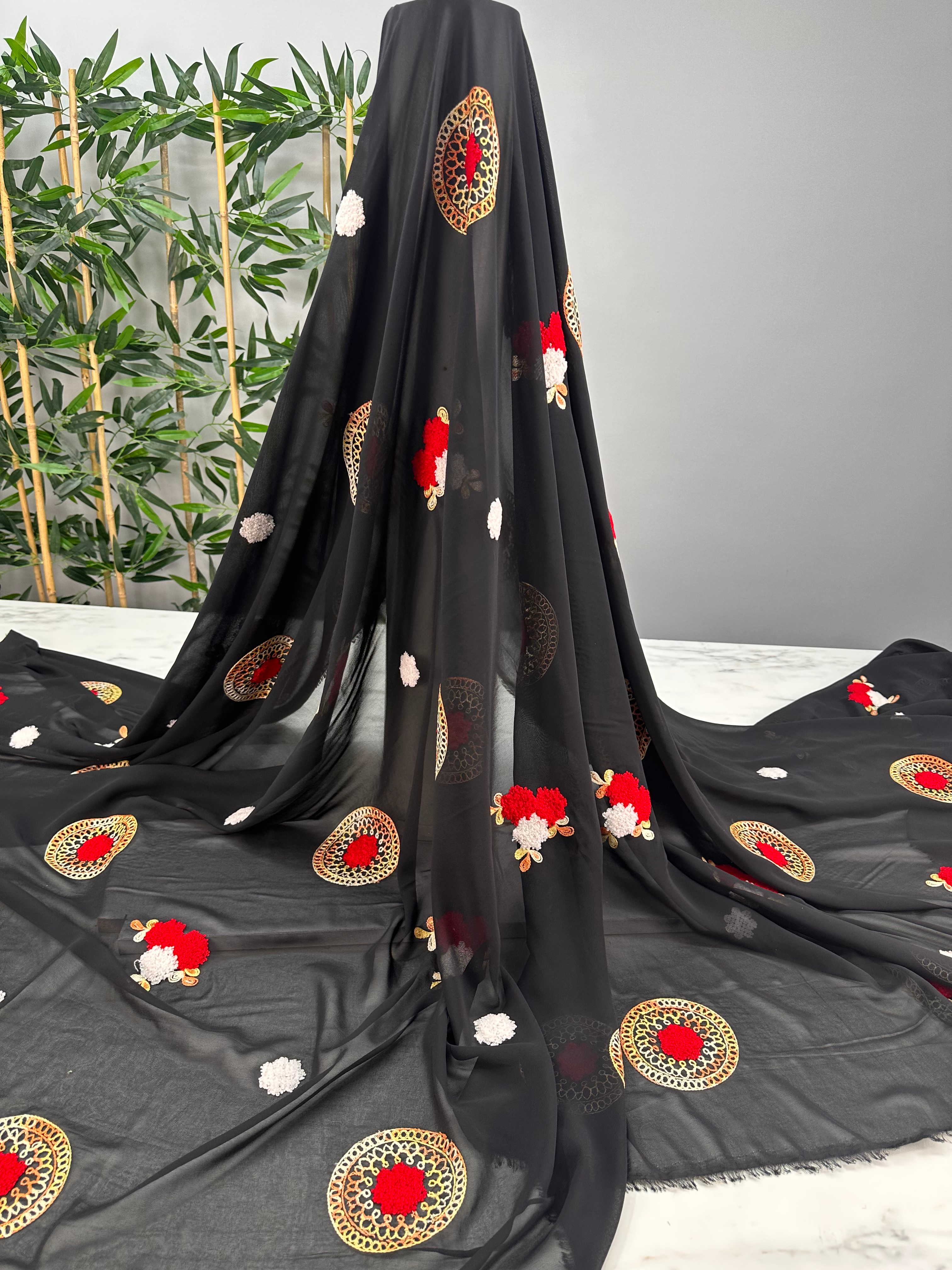 Nakış İşleme Otantik Desen Şifon Kumaş Elbise Etek Tunik Abaya