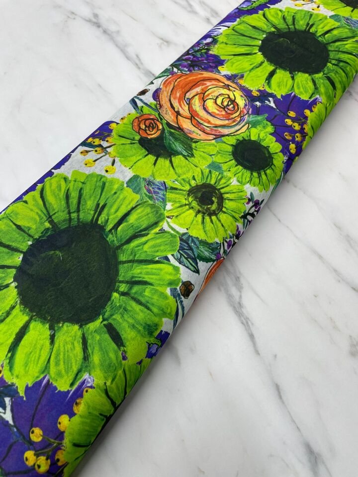 Yeşil Ayçiçek Desen Elbiselik Şifon Kumaş