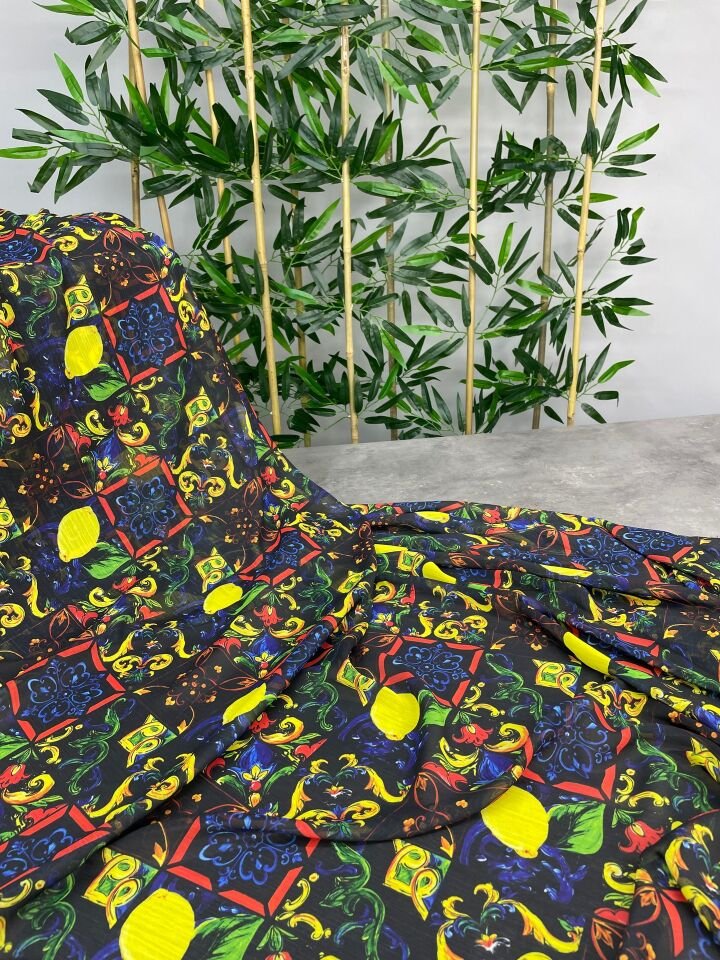 Limonlu Özbek Desen Elbiselik Şifon Kumaş