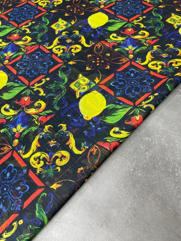 Limonlu Özbek Desen Elbiselik Şifon Kumaş