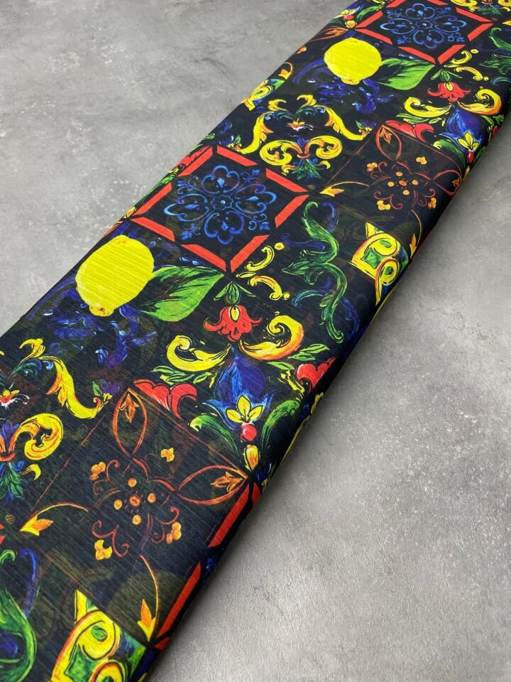 Limonlu Özbek Desen Elbiselik Şifon Kumaş