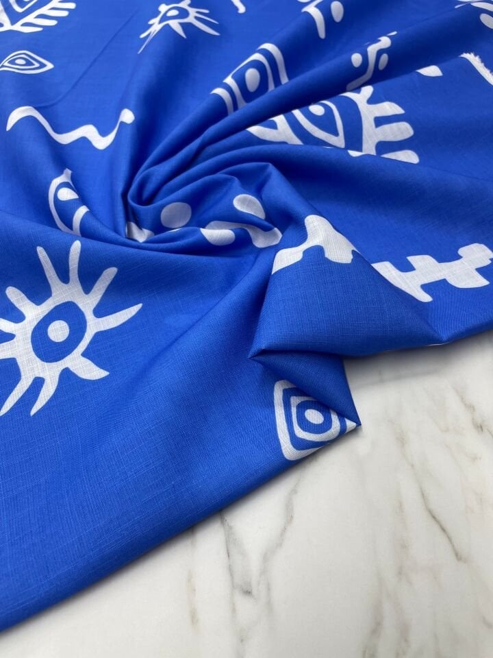 Mavi Özbek Desen Elbiselik Keten Kumaş