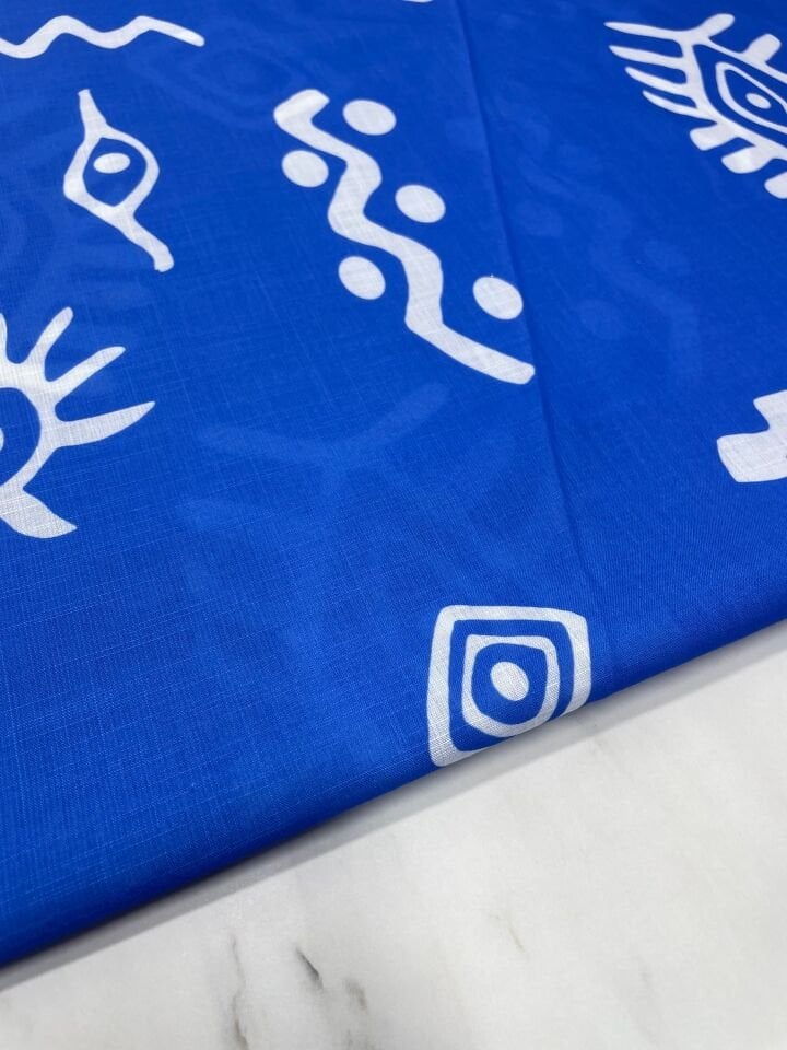 Mavi Özbek Desen Elbiselik Keten Kumaş