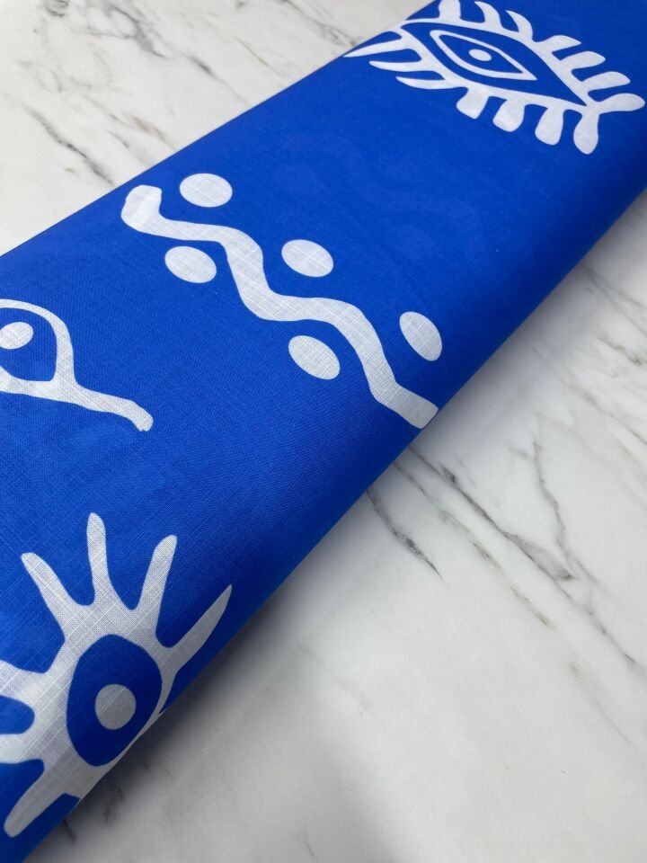 Mavi Özbek Desen Elbiselik Keten Kumaş