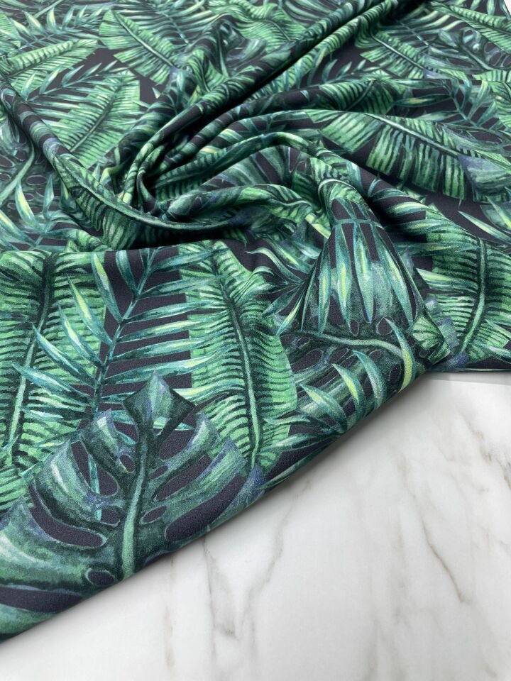 Yeşil Yaprek desen Elbiselik Keten Kumaş