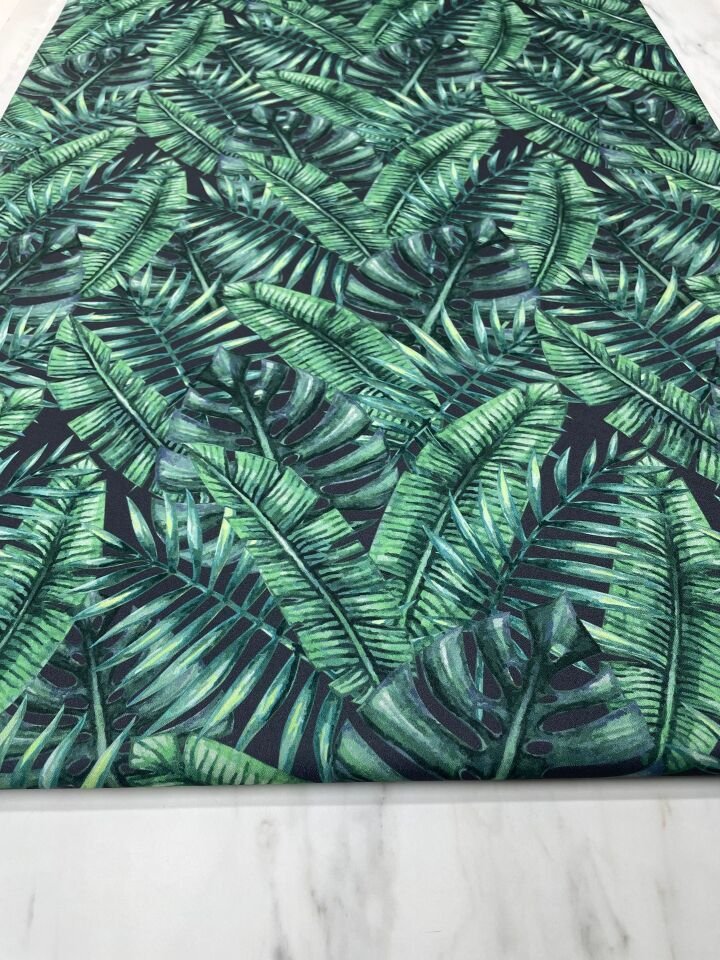 Yeşil Yaprek desen Elbiselik Keten Kumaş