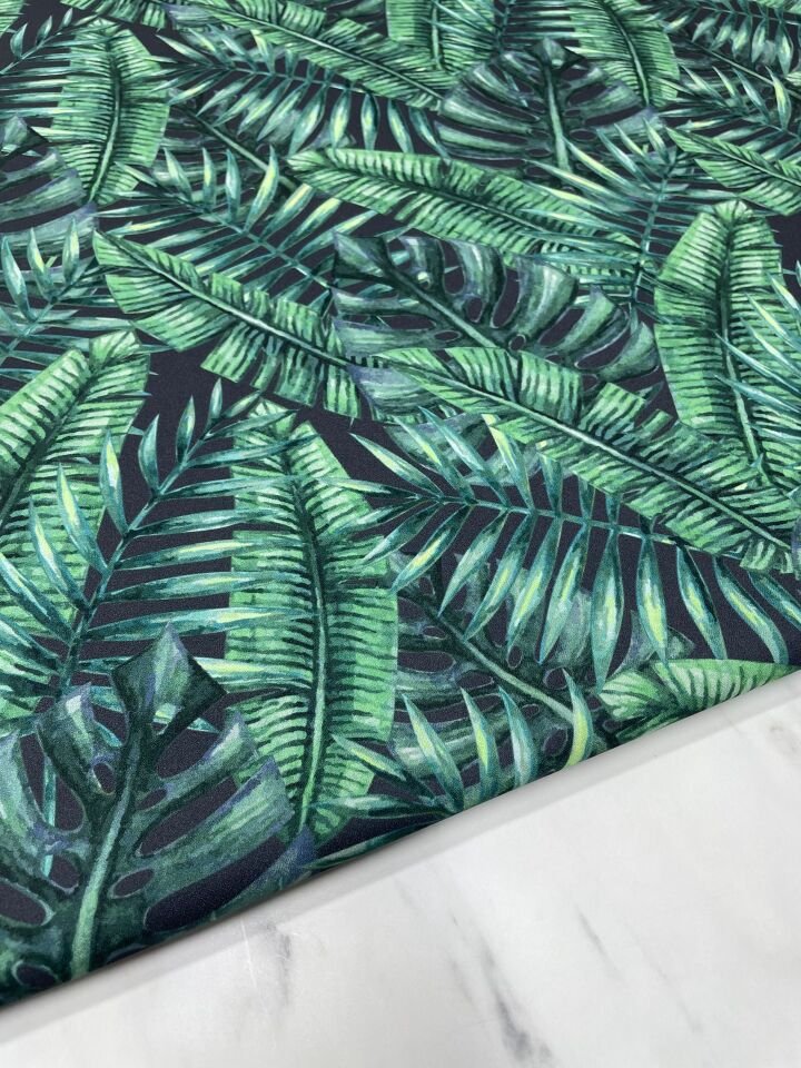 Yeşil Yaprek desen Elbiselik Keten Kumaş