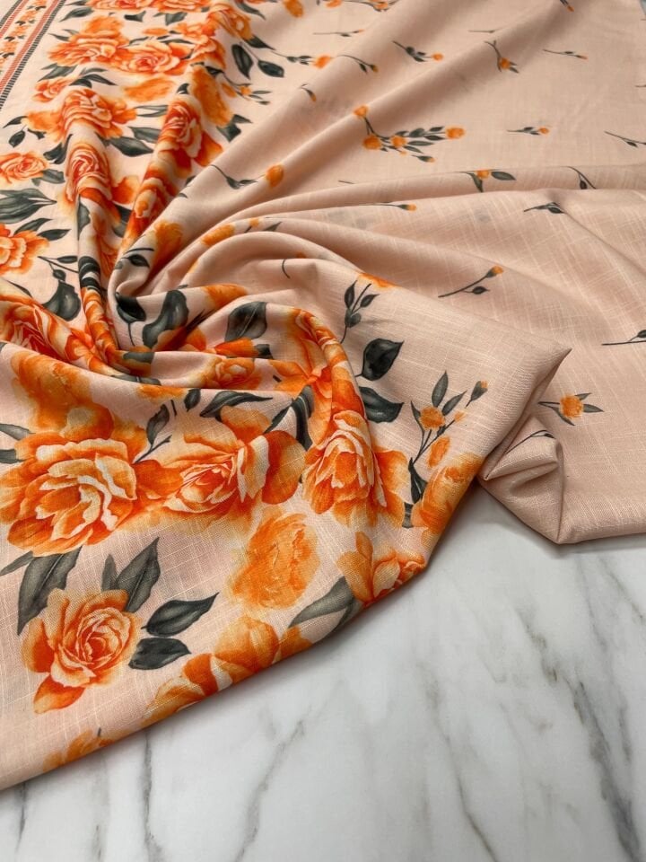 Etegi Sulu Gül Desen Elbiselik Keten Kumaş