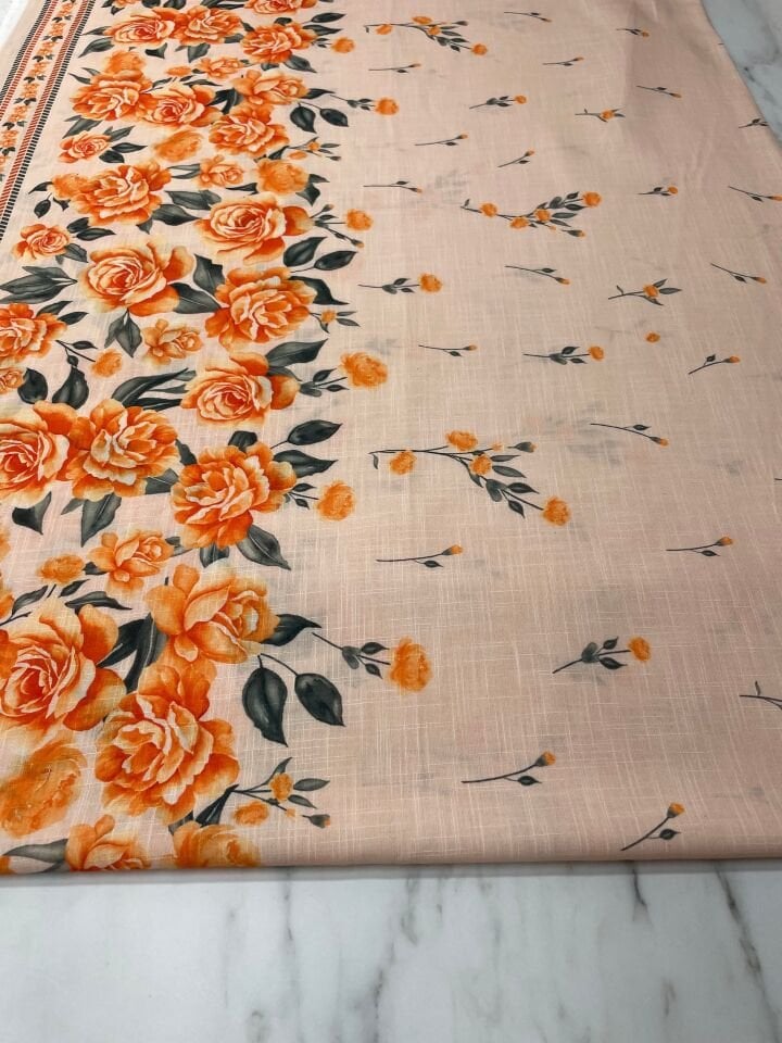 Etegi Sulu Gül Desen Elbiselik Keten Kumaş