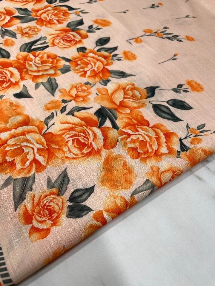 Etegi Sulu Gül Desen Elbiselik Keten Kumaş