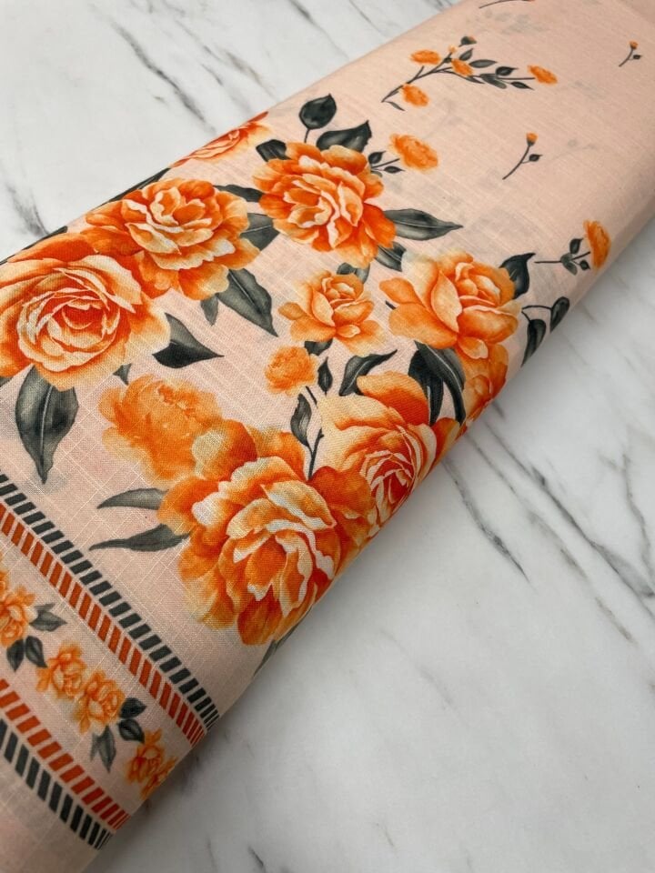 Etegi Sulu Gül Desen Elbiselik Keten Kumaş