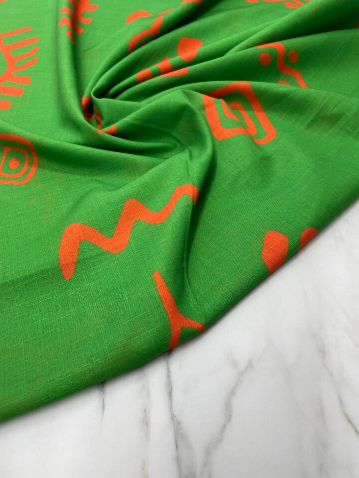 Yeşil İkat Desen Elbiselik Keten Kumaş