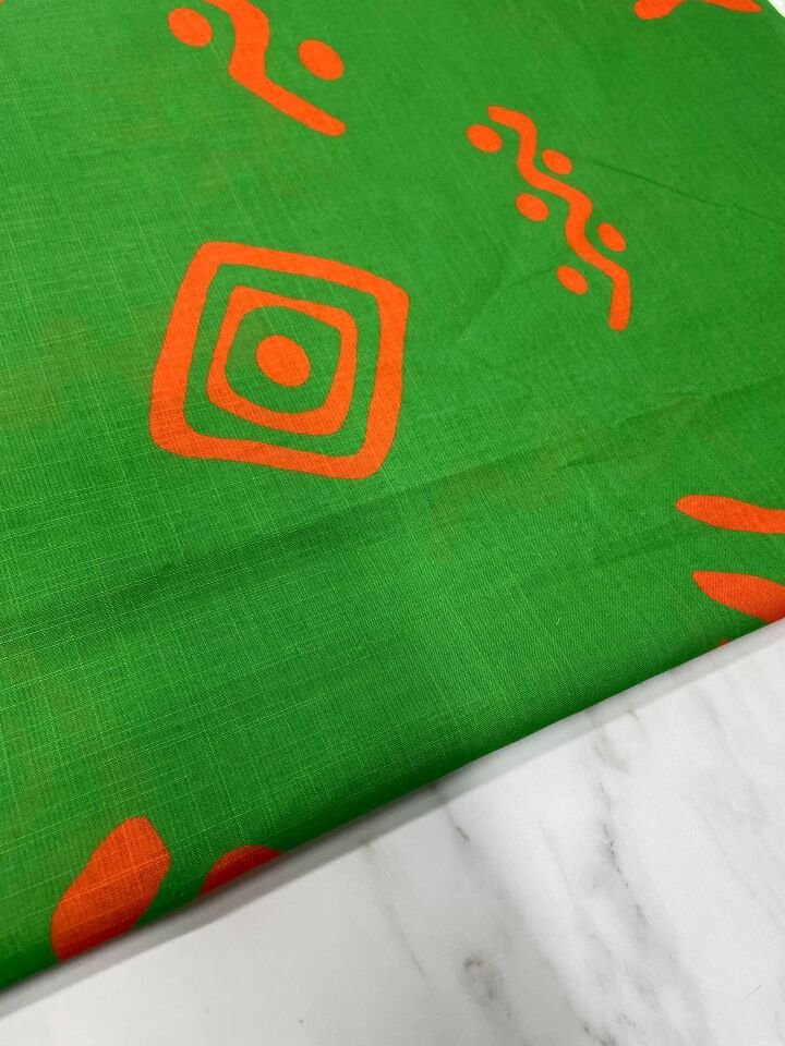 Yeşil İkat Desen Elbiselik Keten Kumaş