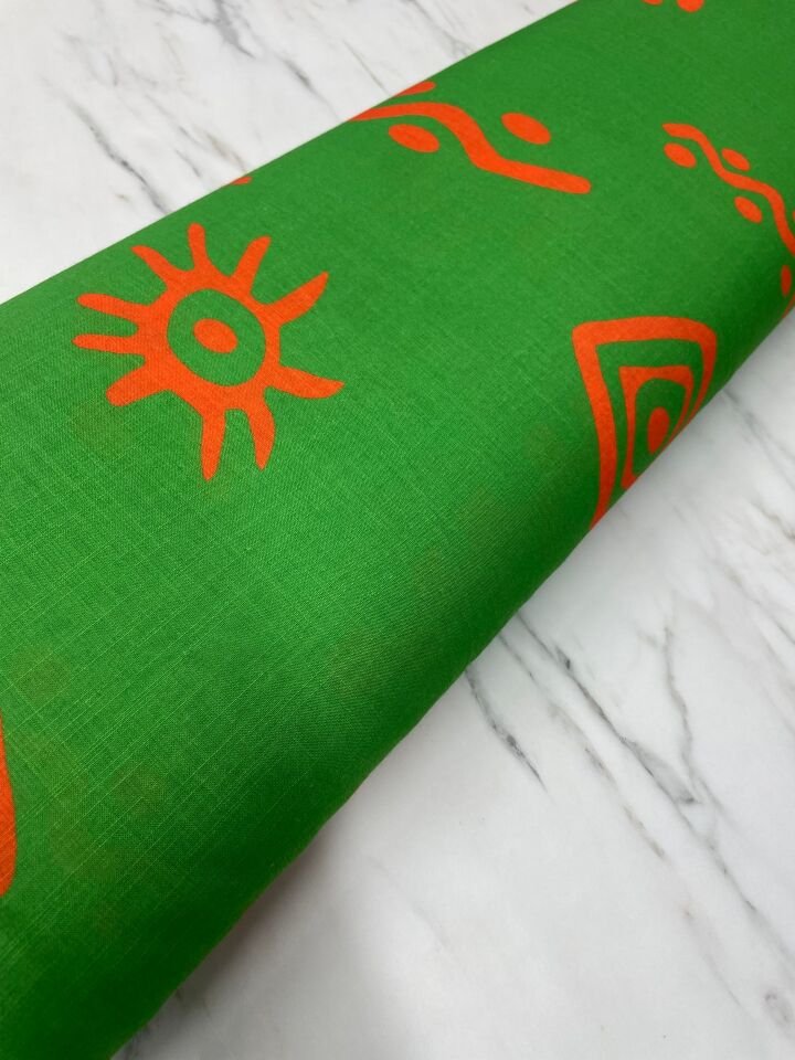 Yeşil İkat Desen Elbiselik Keten Kumaş