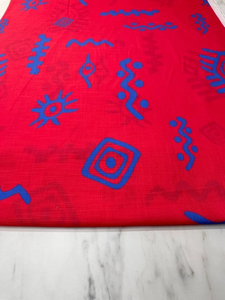 Kırmızı İkat Desen Elbiselik Keten Kumaş