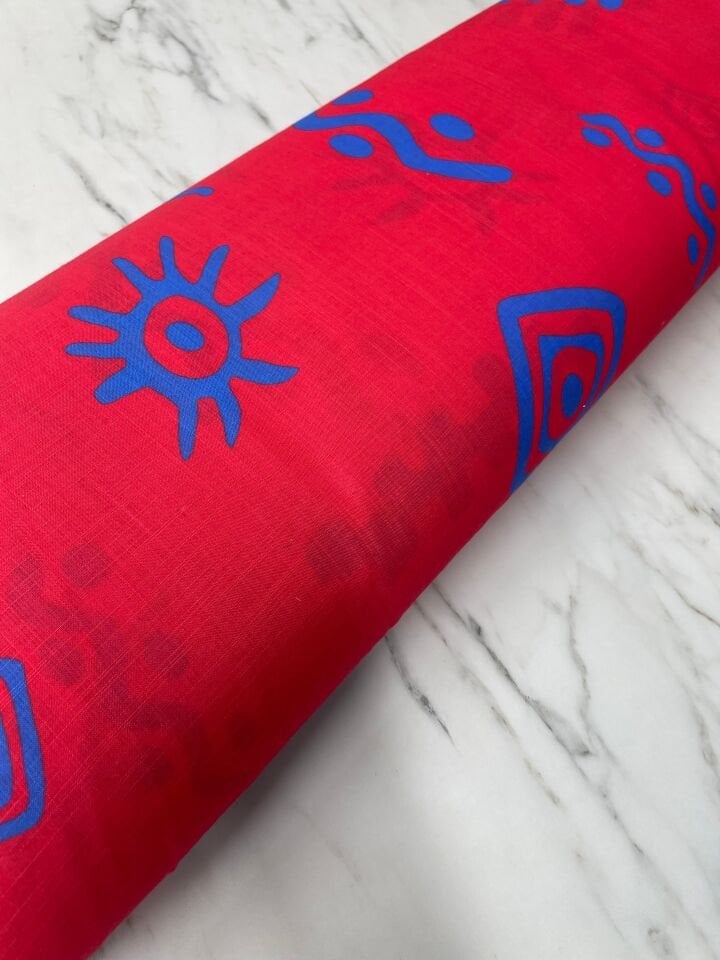 Kırmızı İkat Desen Elbiselik Keten Kumaş