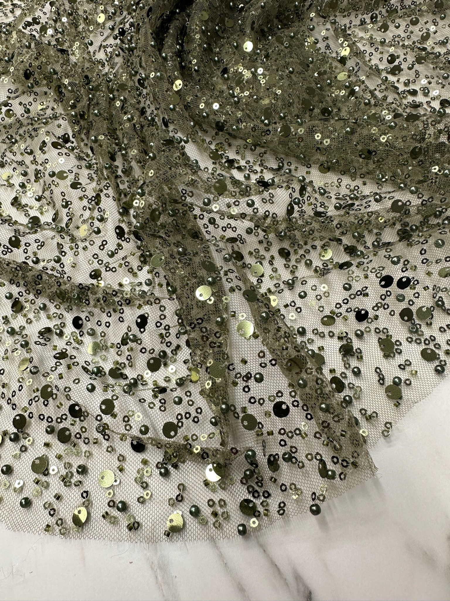 Fantazi Ürün Haki Yeşili Pul Boncuk İşleme Abiye Elbise Şalvar