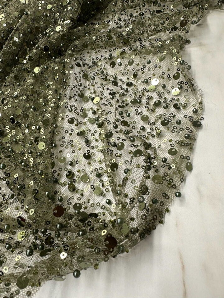 Fantazi Ürün Haki Yeşili Pul Boncuk İşleme Abiye Elbise Şalvar