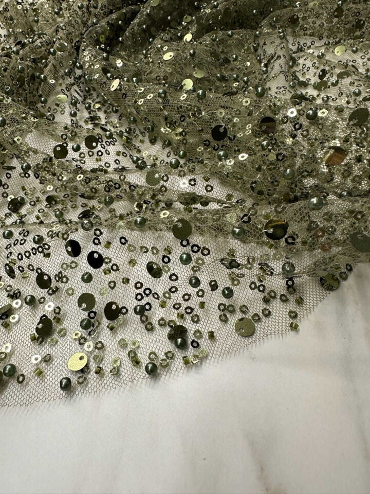 Fantazi Ürün Haki Yeşili Pul Boncuk İşleme Abiye Elbise Şalvar