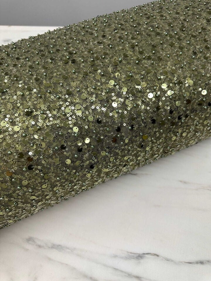 Fantazi Ürün Haki Yeşili Pul Boncuk İşleme Abiye Elbise Şalvar