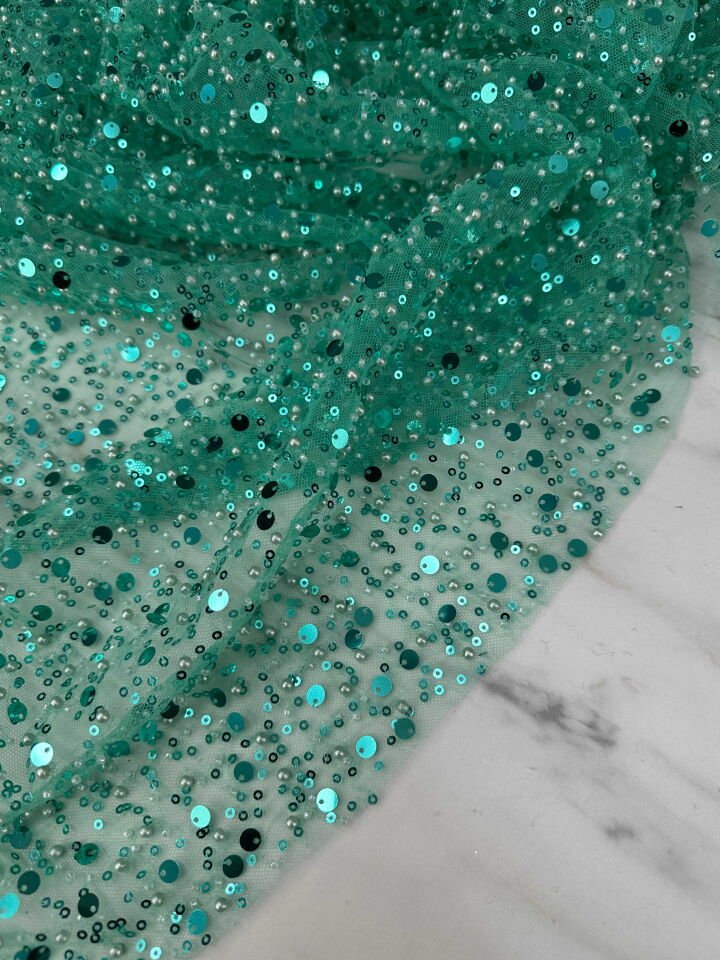 Fantazi Ürün Yeşil Renk Tül Üstü Pul Boncuk İşleme Abiye Elbise Şalvar