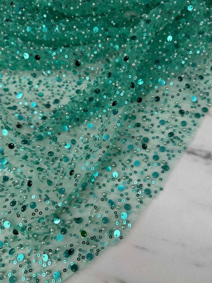 Fantazi Ürün Yeşil Renk Tül Üstü Pul Boncuk İşleme Abiye Elbise Şalvar