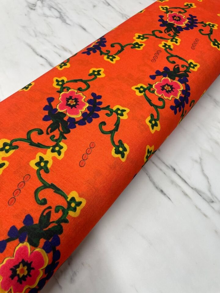 Turuncu Milas Gülü Elbiselik Keten Kumaş