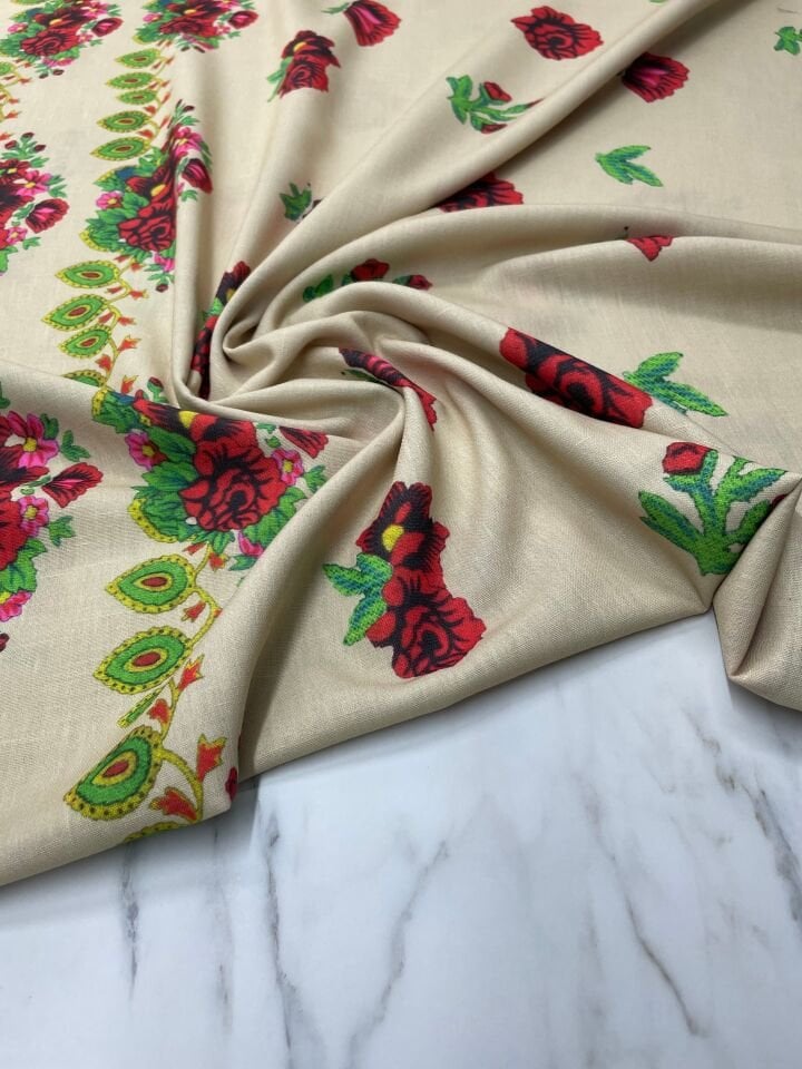 Türkmen Desen Elbiselik Keten Kumaş