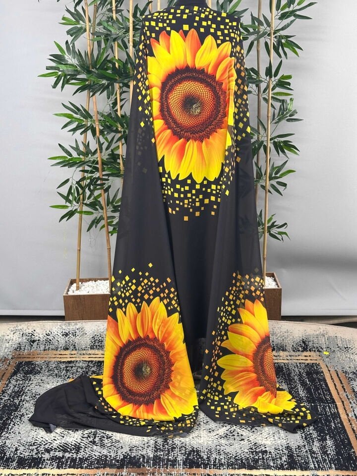 Ayçiçegi Desen Şifon Kumaş Elbise Etek