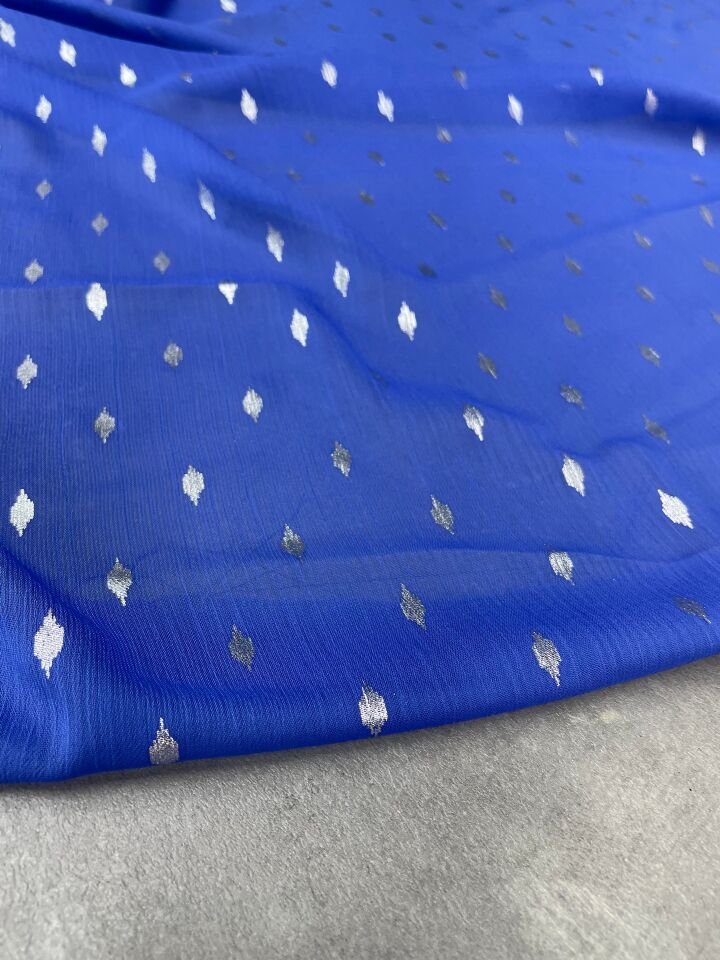 Mavi Düz Simli Elbiselik Şifon Kumaş