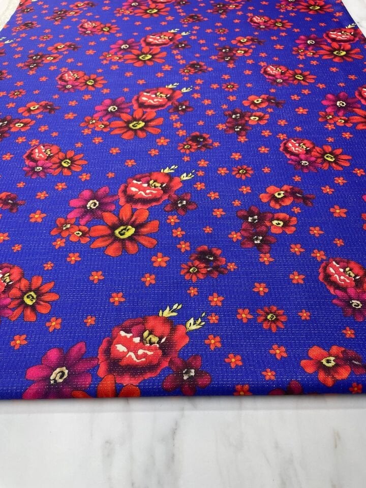 Altın Simli Mor Türkmen Çiçegi Desen Elbiselik Keten Kumaş