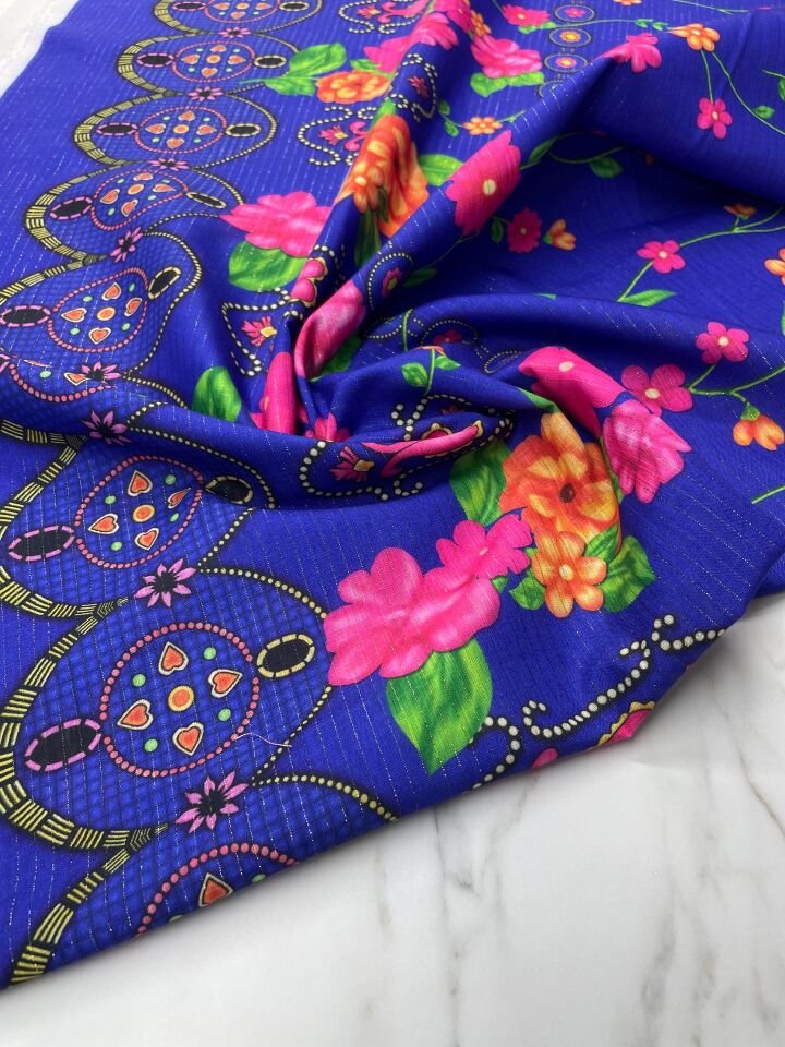 Altın Simli Otantik Desen Elbiselik Keten Kumaş