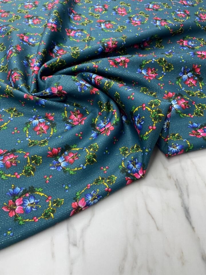 Altın Simli Türkmen Gülü Elbiselik Keten Kumaş