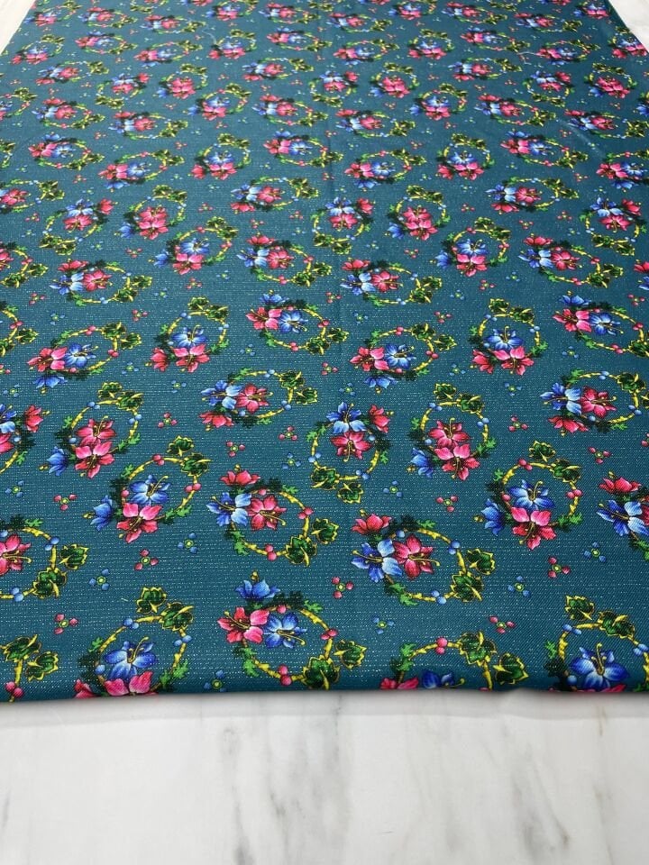 Altın Simli Türkmen Gülü Elbiselik Keten Kumaş