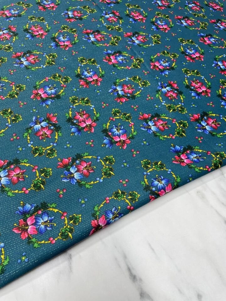 Altın Simli Türkmen Gülü Elbiselik Keten Kumaş