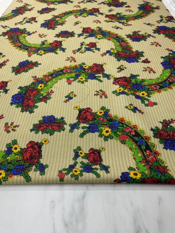 Altın Simli Türkmen Motif Elbiselik Keten Kumaş