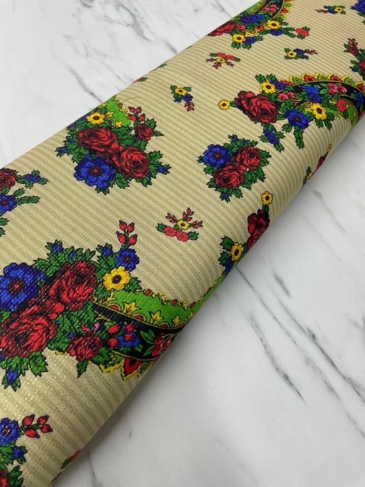 Altın Simli Türkmen Motif Elbiselik Keten Kumaş