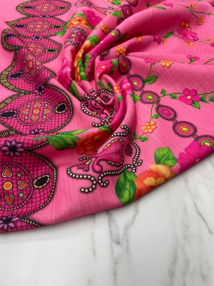 Altın Simli Otantik Desen Elbiselik Keten Kumaş