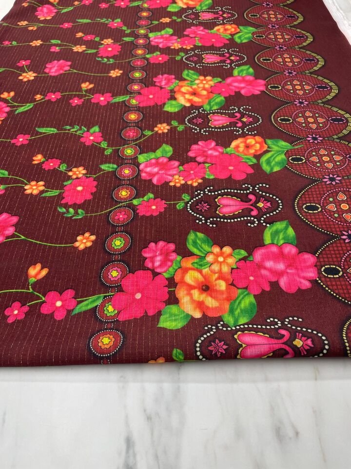 Altın Simli Otantik Desen Elbiselik Keten Kumaş