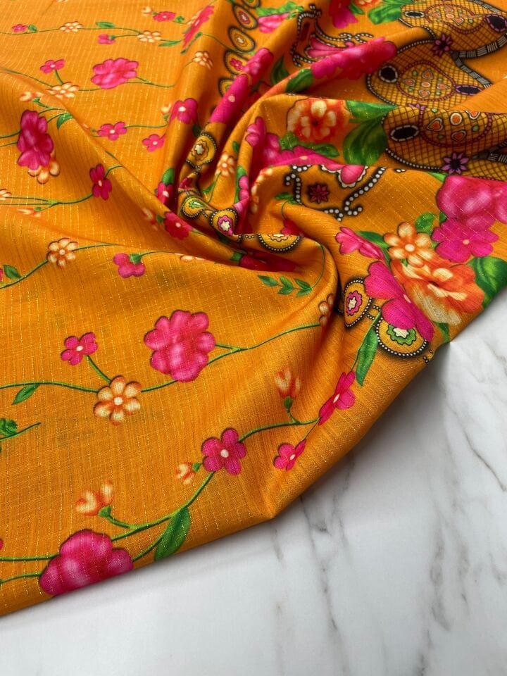 Altın Simli Otantik Desen Elbiselik Keten Kumaş