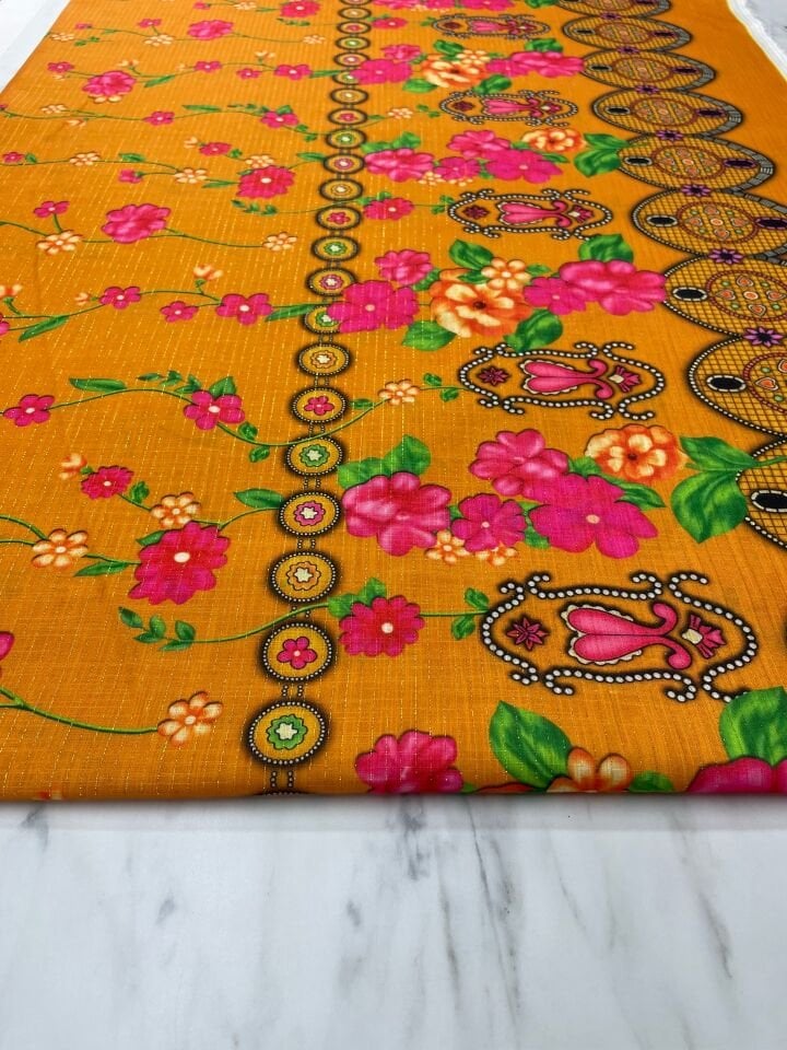 Altın Simli Otantik Desen Elbiselik Keten Kumaş