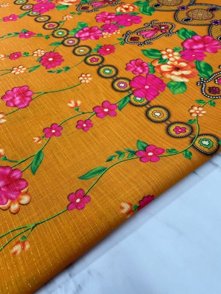 Altın Simli Otantik Desen Elbiselik Keten Kumaş
