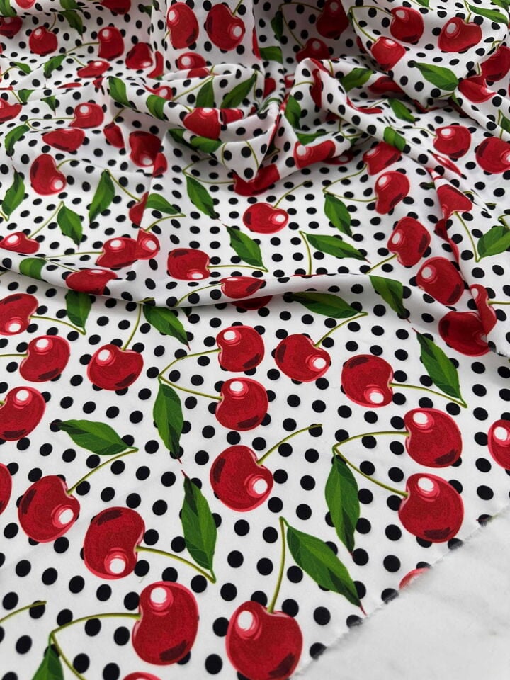 Kiraz Desen Krep Kumaş Elbise etek Gömlek Şalvar