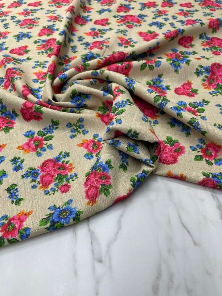 Gümüş Simli Ural Çiçegi Desen Elbiselik Keten Kumaş