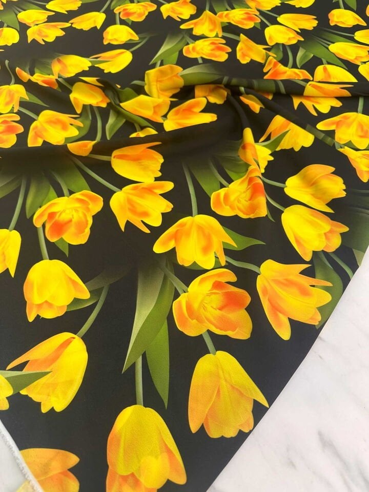 Sarı Gül Desen Krep Kumaş Elbise Etek Gömlek Şalvar