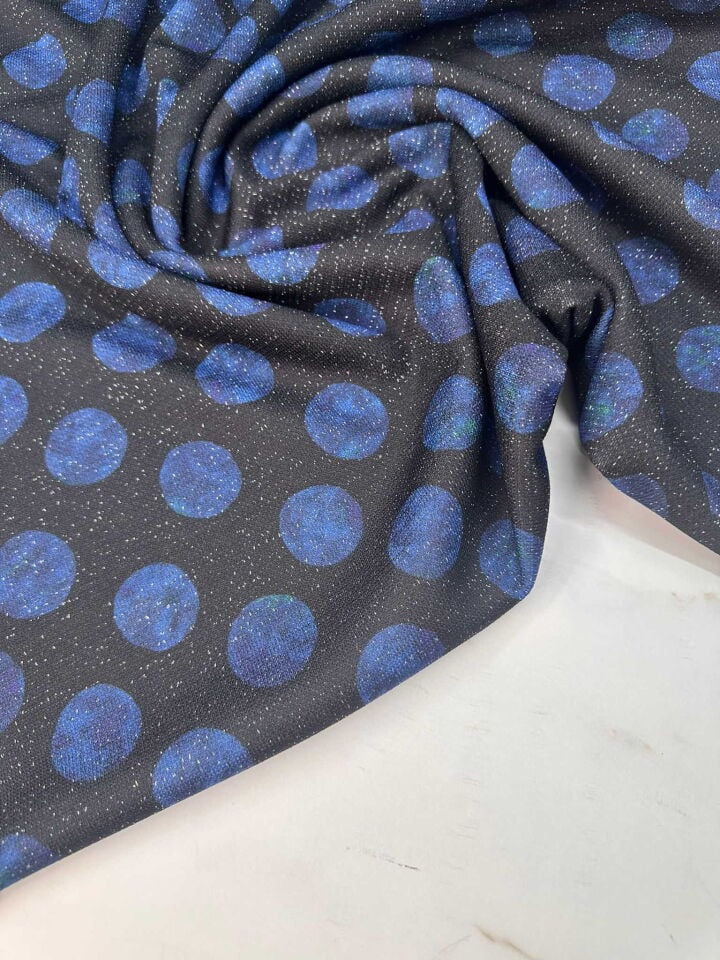 Mavi Puantiye Desen Simli Triko Elbise Etek Hırka