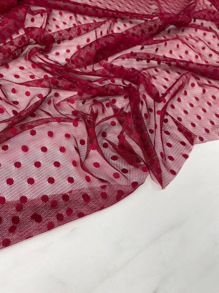 Kırmızı Puantiye Desen Elbiselik Abiyelik Tül Kumaş