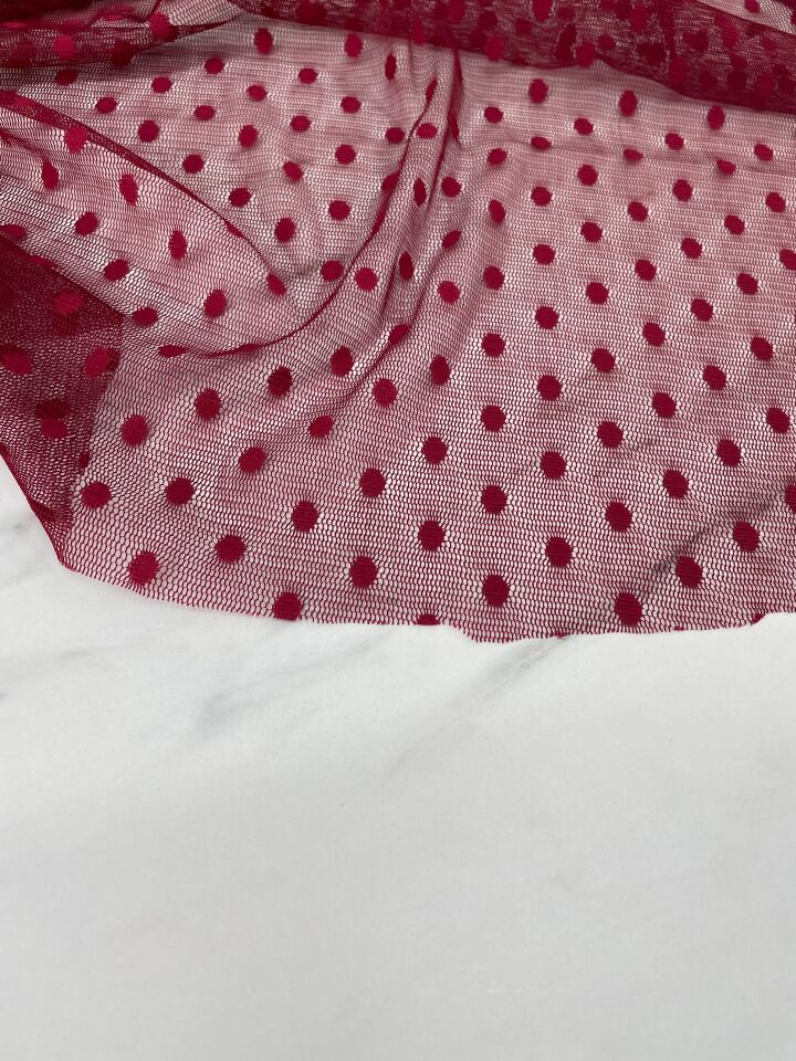 Kırmızı Puantiye Desen Elbiselik Abiyelik Tül Kumaş