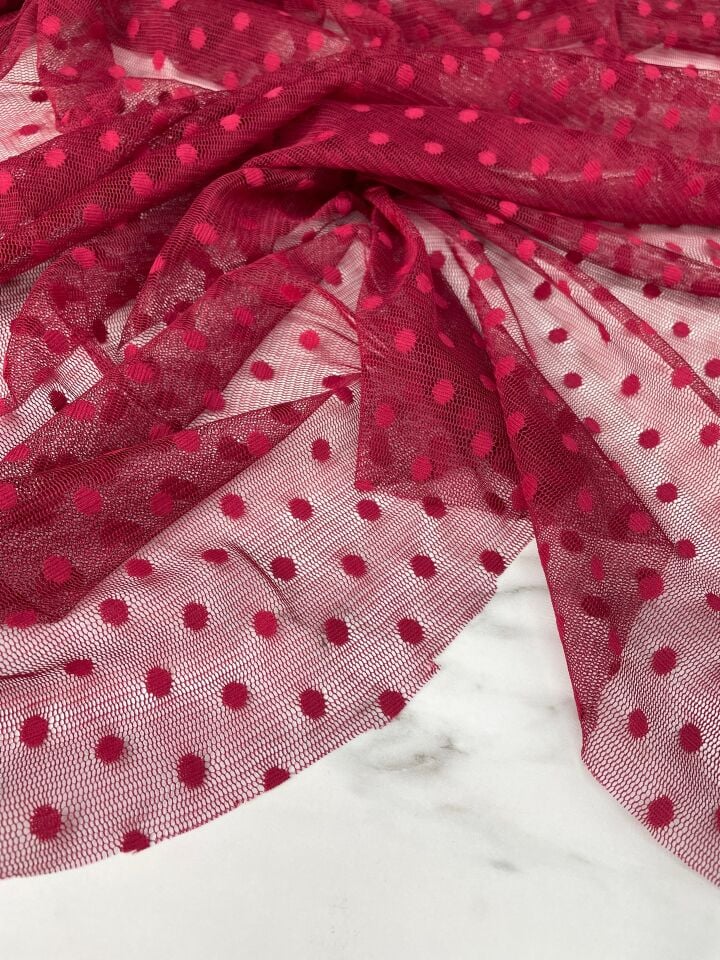 Kırmızı Puantiye Desen Elbiselik Abiyelik Tül Kumaş