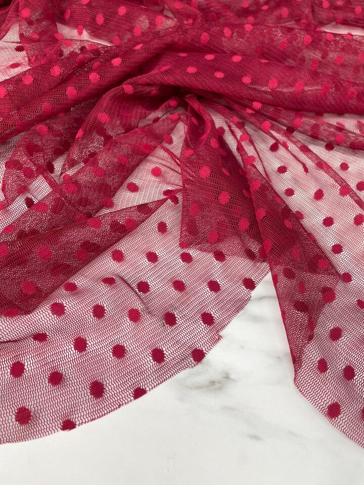Kırmızı Puantiye Desen Elbiselik Abiyelik Tül Kumaş